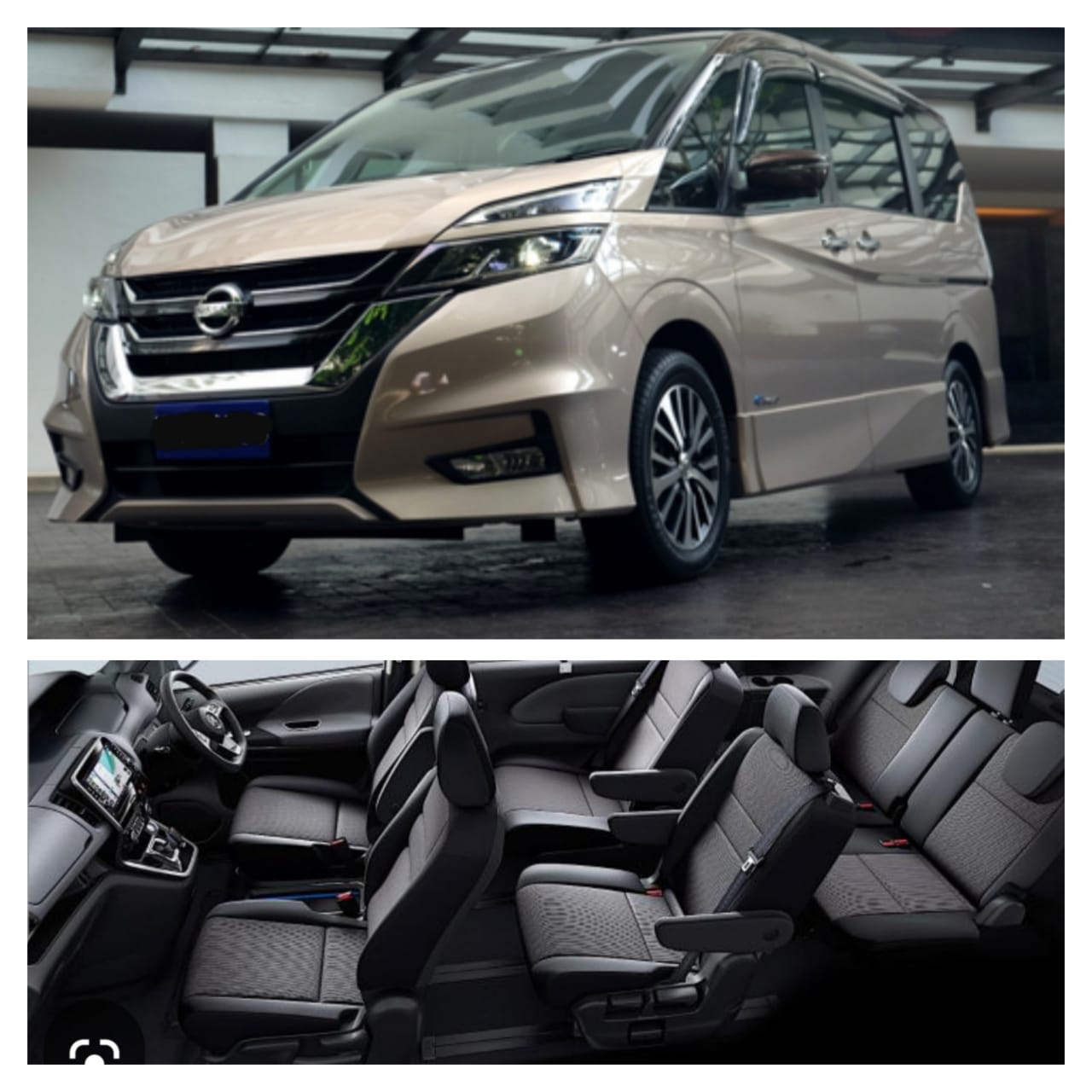 Champagne premium MPV exterior above a view of its three rows of seats