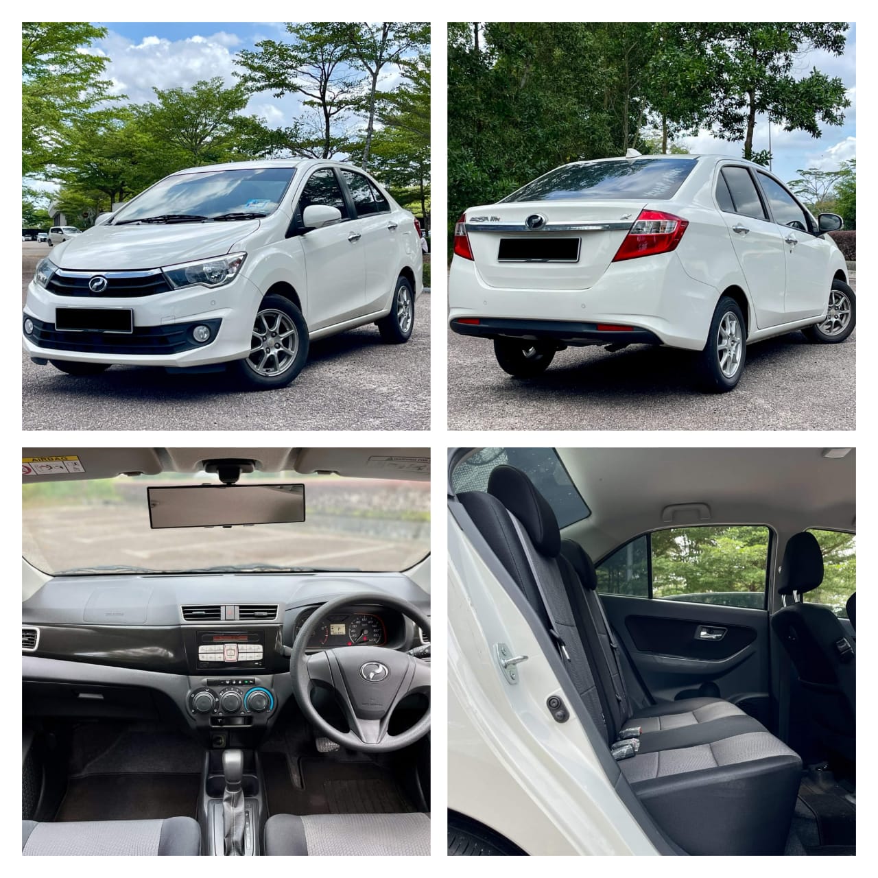 White economy sedan from the front and rear, with its dashboard and back seats